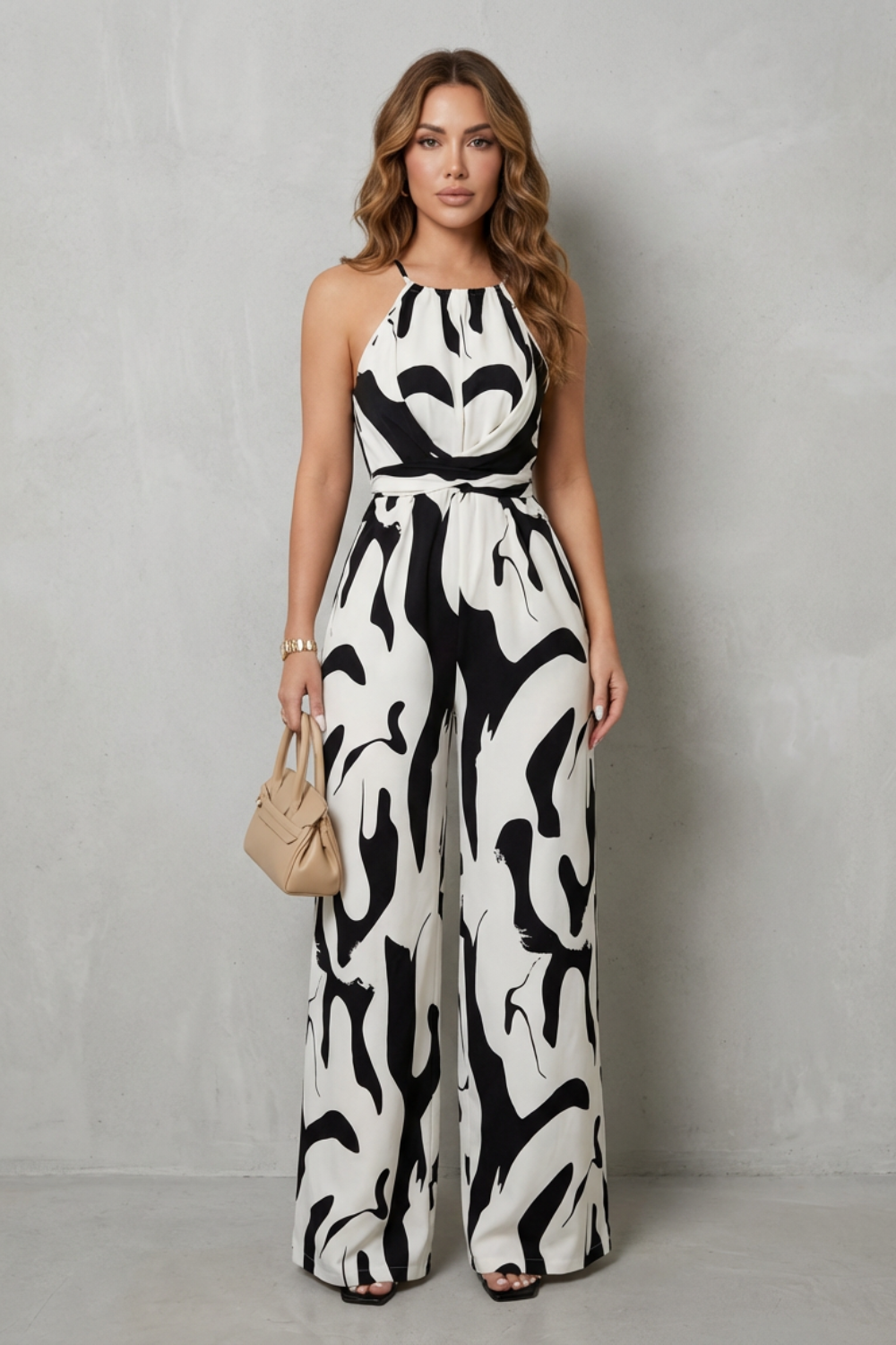 Maya | Elegant Abstract Print Halter Wide Leg Jumpsuit