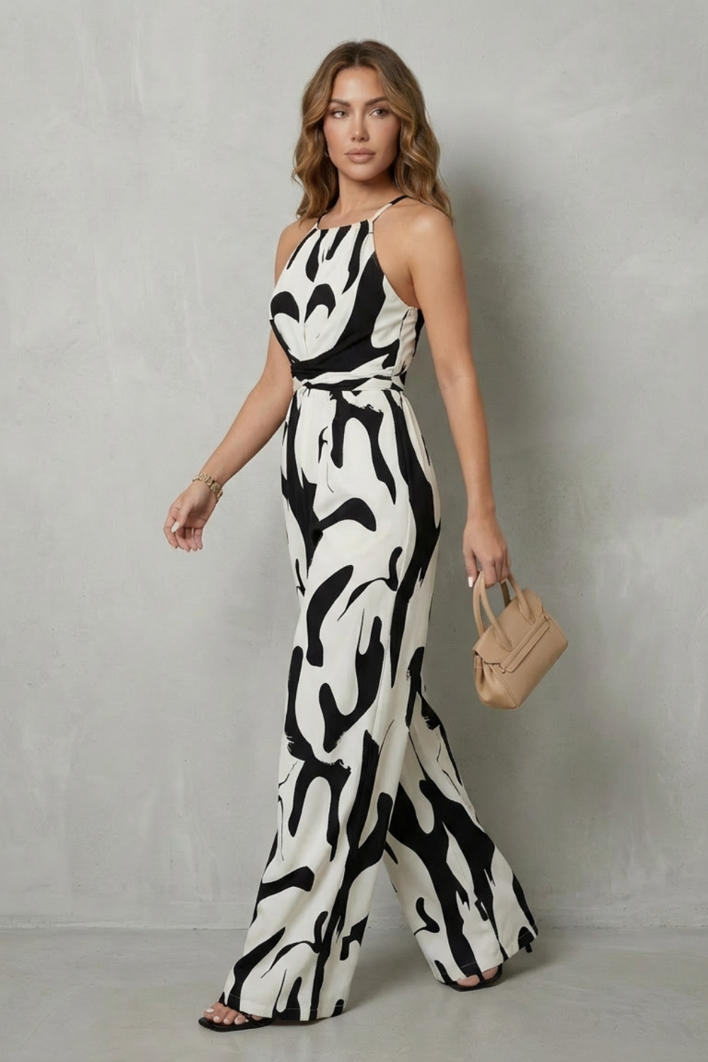 Maya | Elegant Abstract Print Halter Wide Leg Jumpsuit