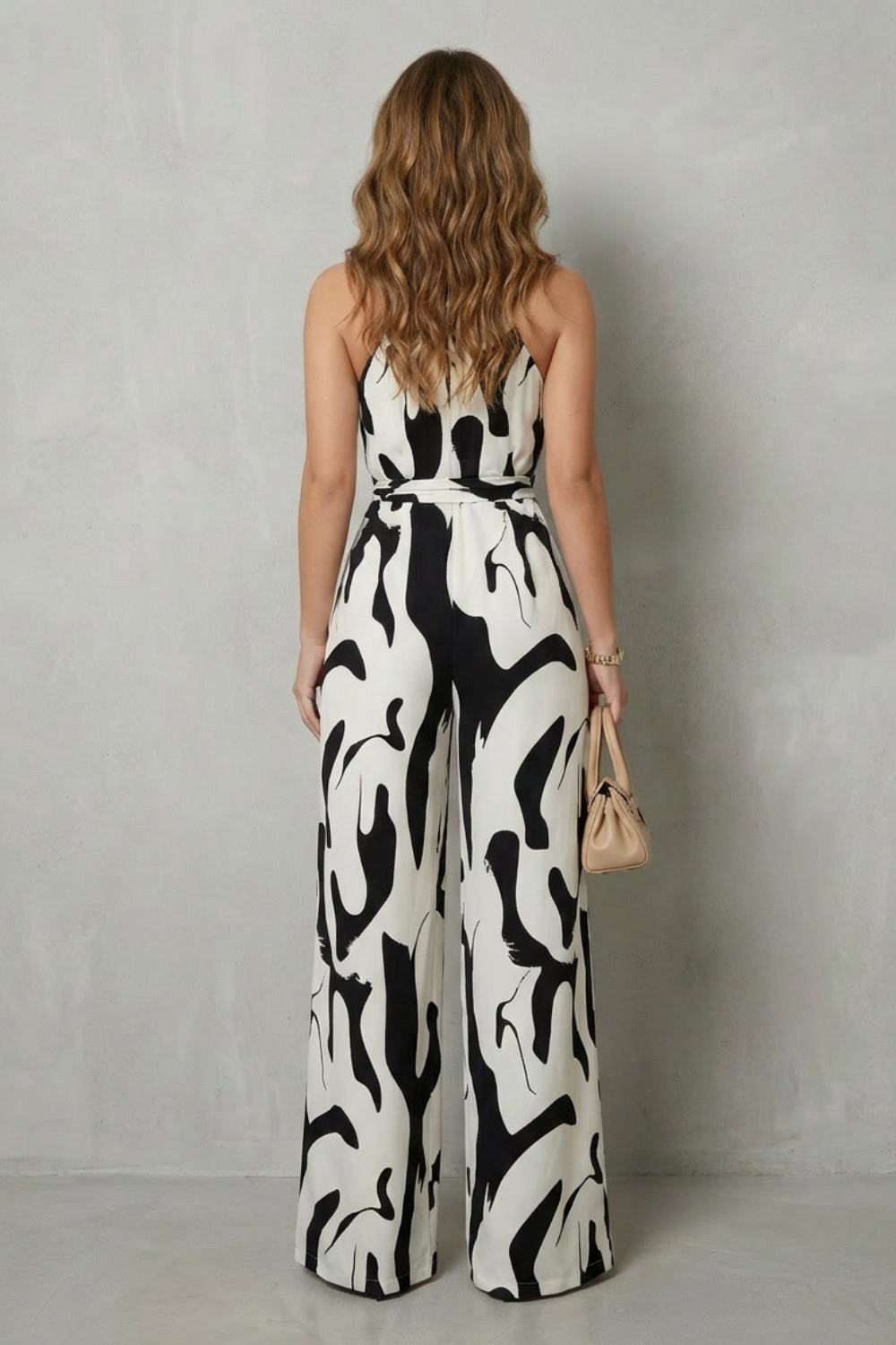 Maya | Elegant Abstract Print Halter Wide Leg Jumpsuit