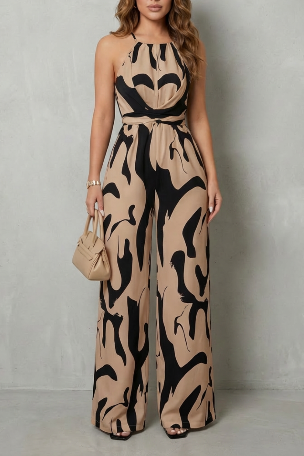 Maya | Elegant Abstract Print Halter Wide Leg Jumpsuit