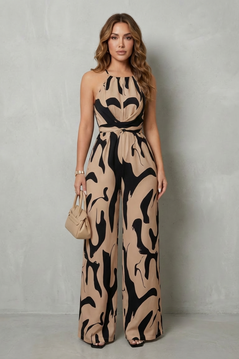 Maya | Elegant Abstract Print Halter Wide Leg Jumpsuit