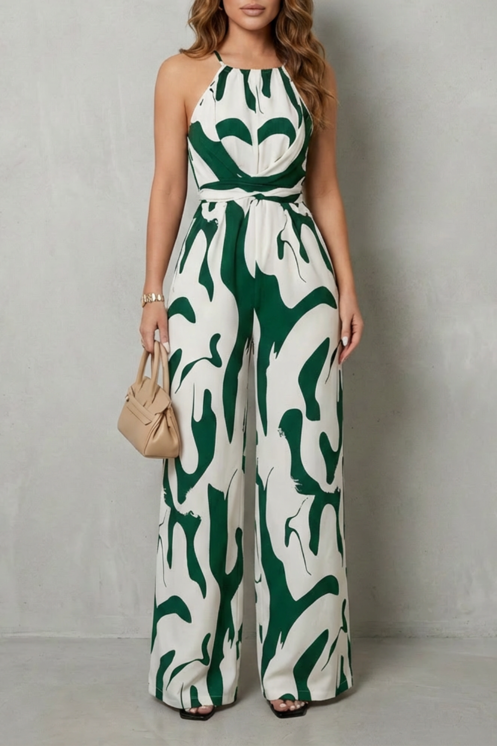 Maya | Elegant Abstract Print Halter Wide Leg Jumpsuit