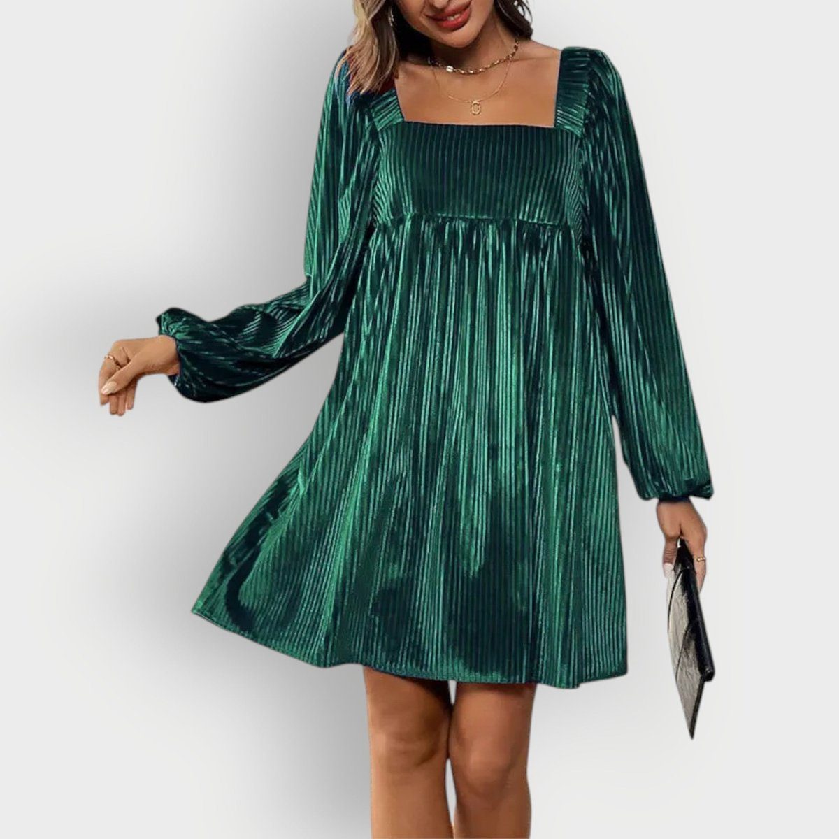 Mia | Cosy Pleated Puff Sleeve Christmas Dress