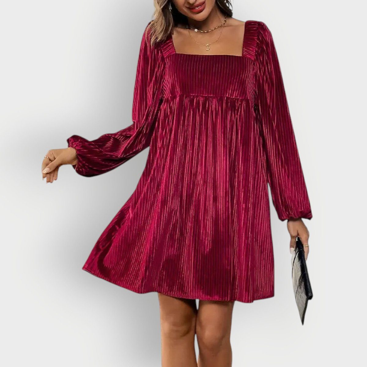 Mia | Cosy Pleated Puff Sleeve Christmas Dress