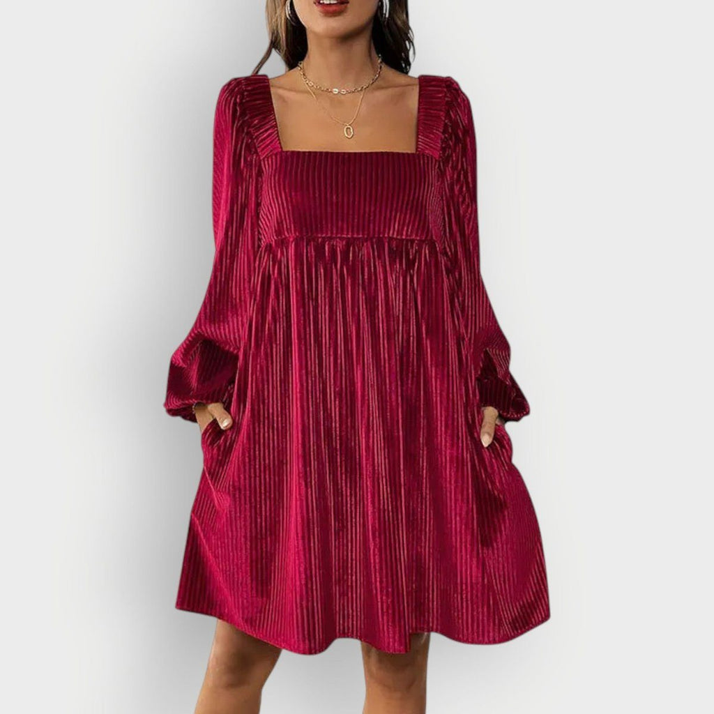 Mia | Cosy Pleated Puff Sleeve Christmas Dress