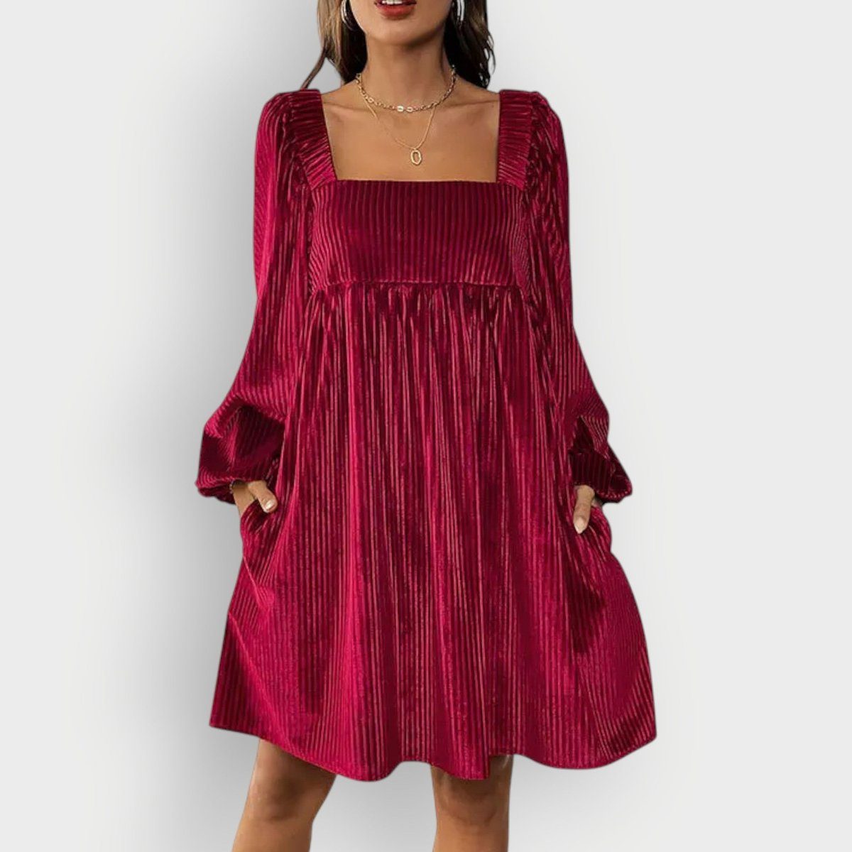 Mia | Cosy Pleated Puff Sleeve Christmas Dress