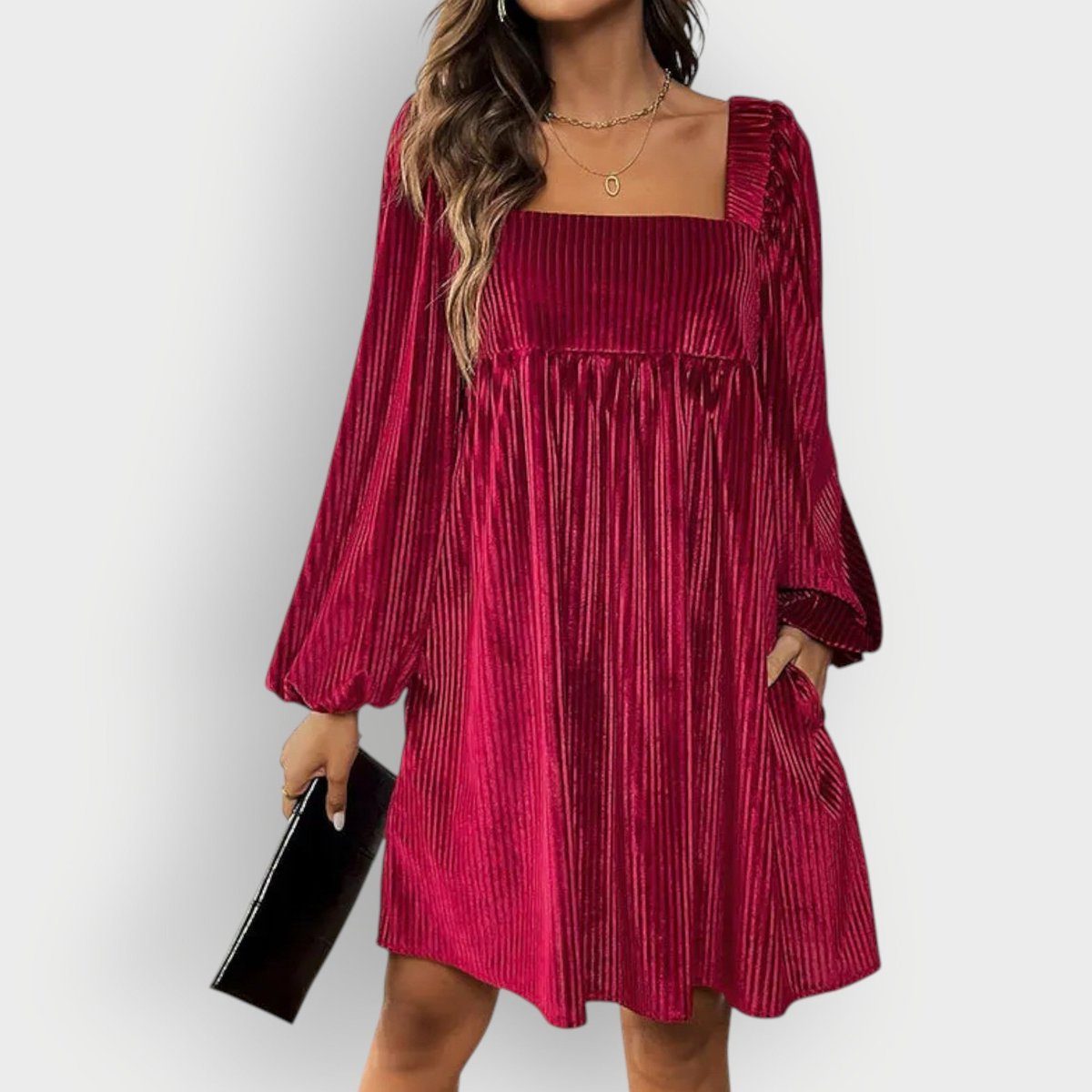 Mia | Cosy Pleated Puff Sleeve Christmas Dress