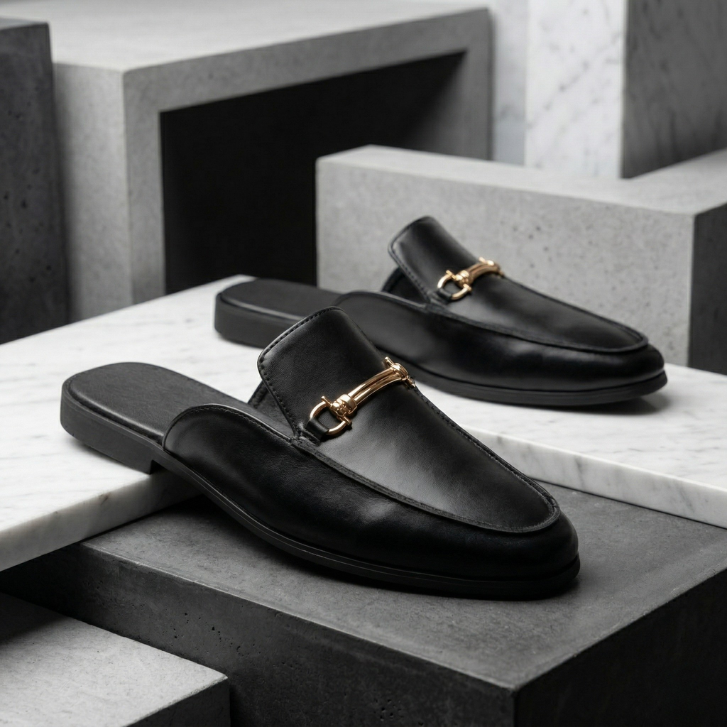 Musa | Polished Horse-Bit Buckle Mule Slippers