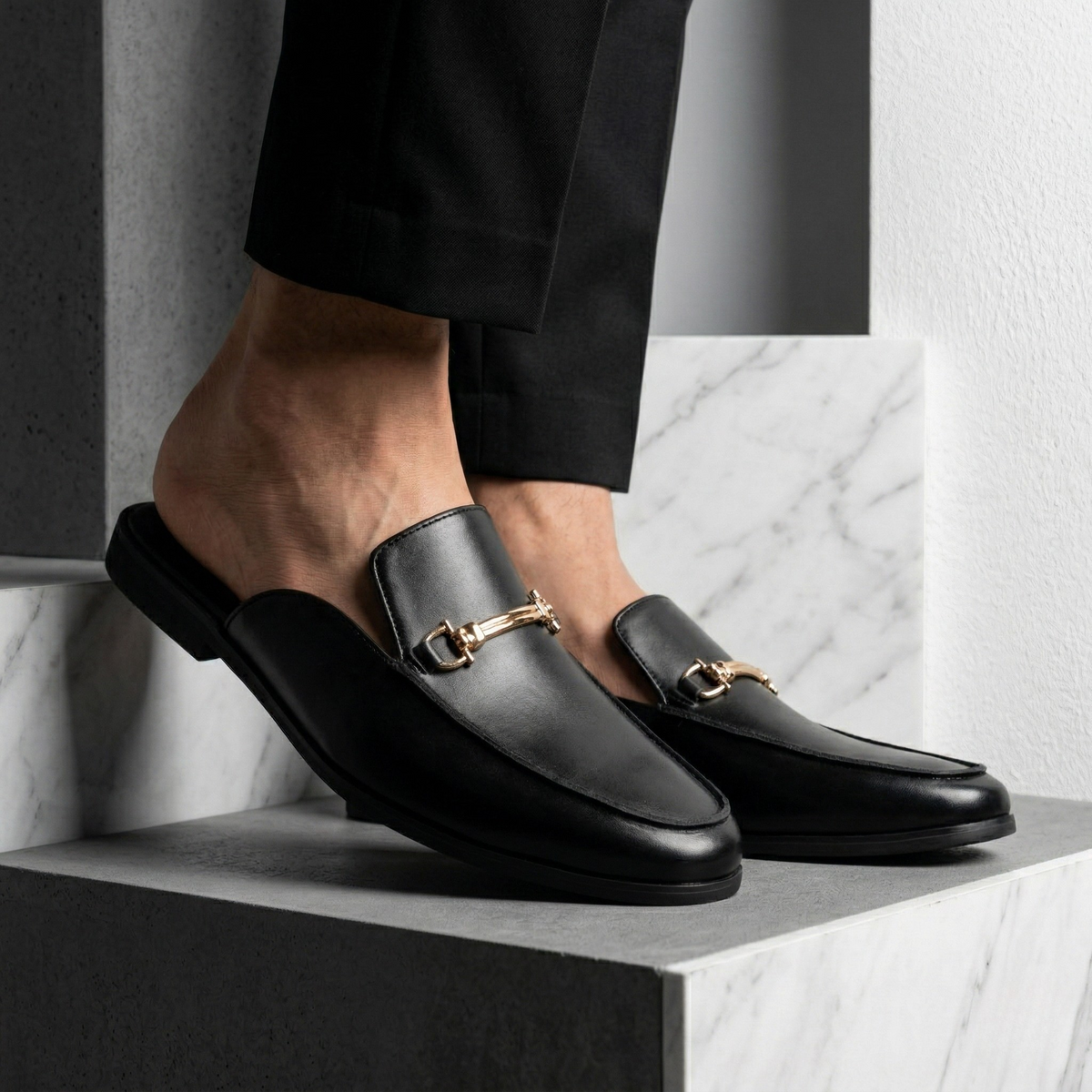 Musa | Polished Horse-Bit Buckle Mule Slippers