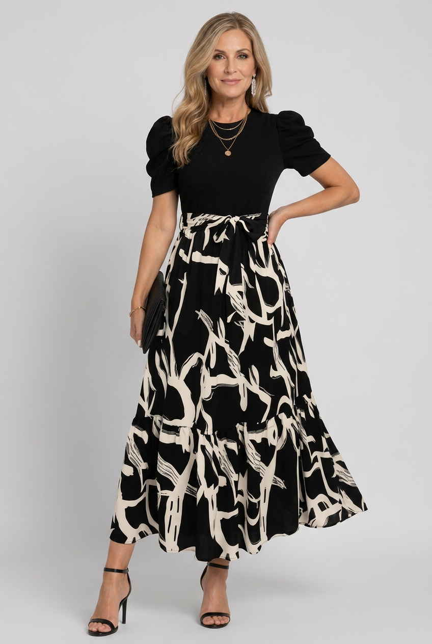 Nancy | Classic Puff Sleeve Abstract Print Maxi Christmas Dress