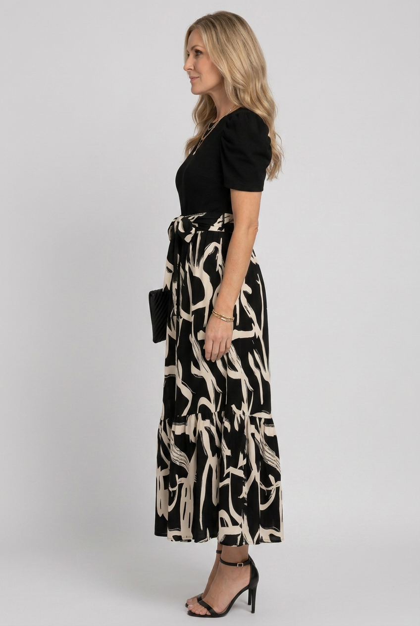 Nancy | Classic Puff Sleeve Abstract Print Maxi Christmas Dress
