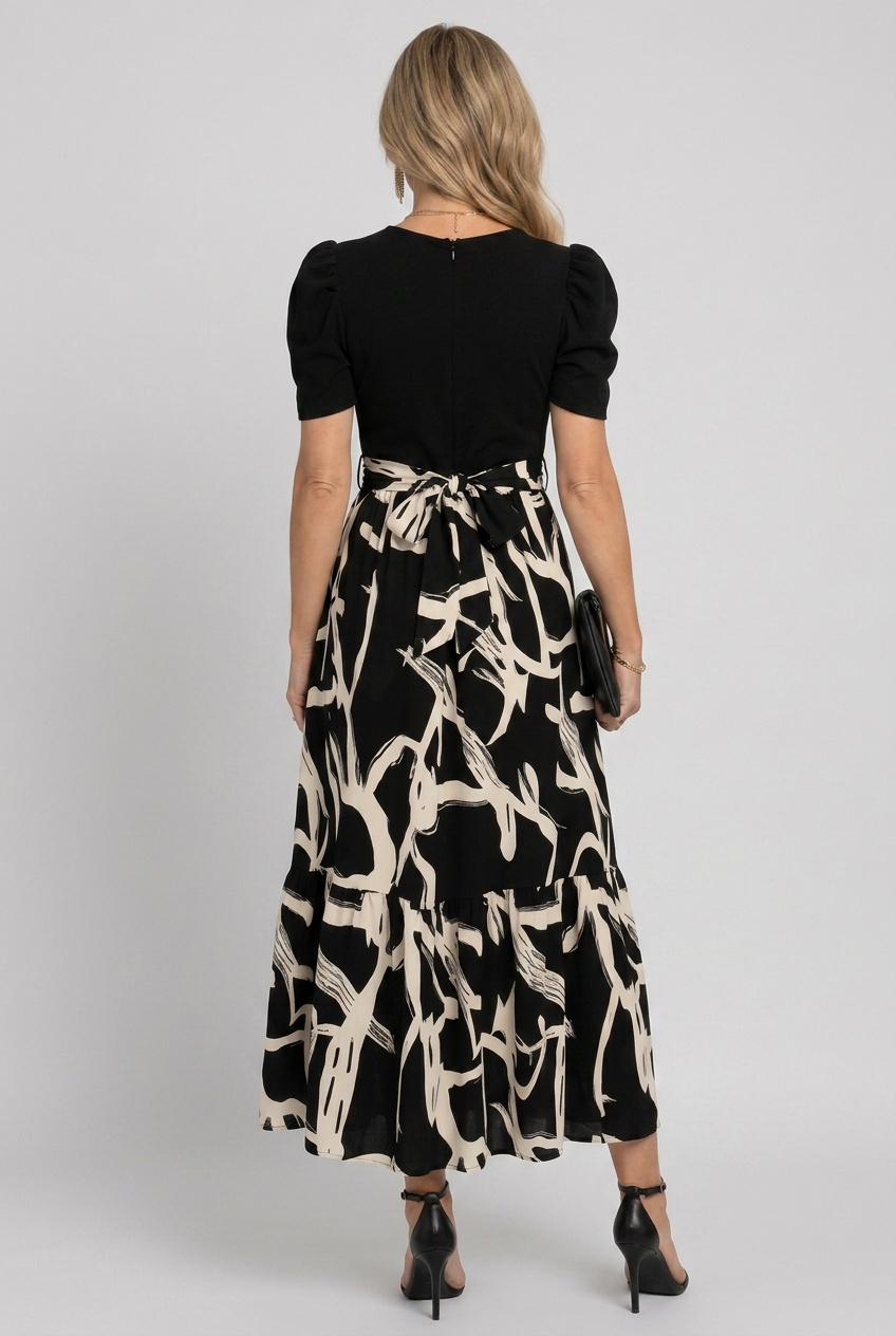 Nancy | Classic Puff Sleeve Abstract Print Maxi Christmas Dress