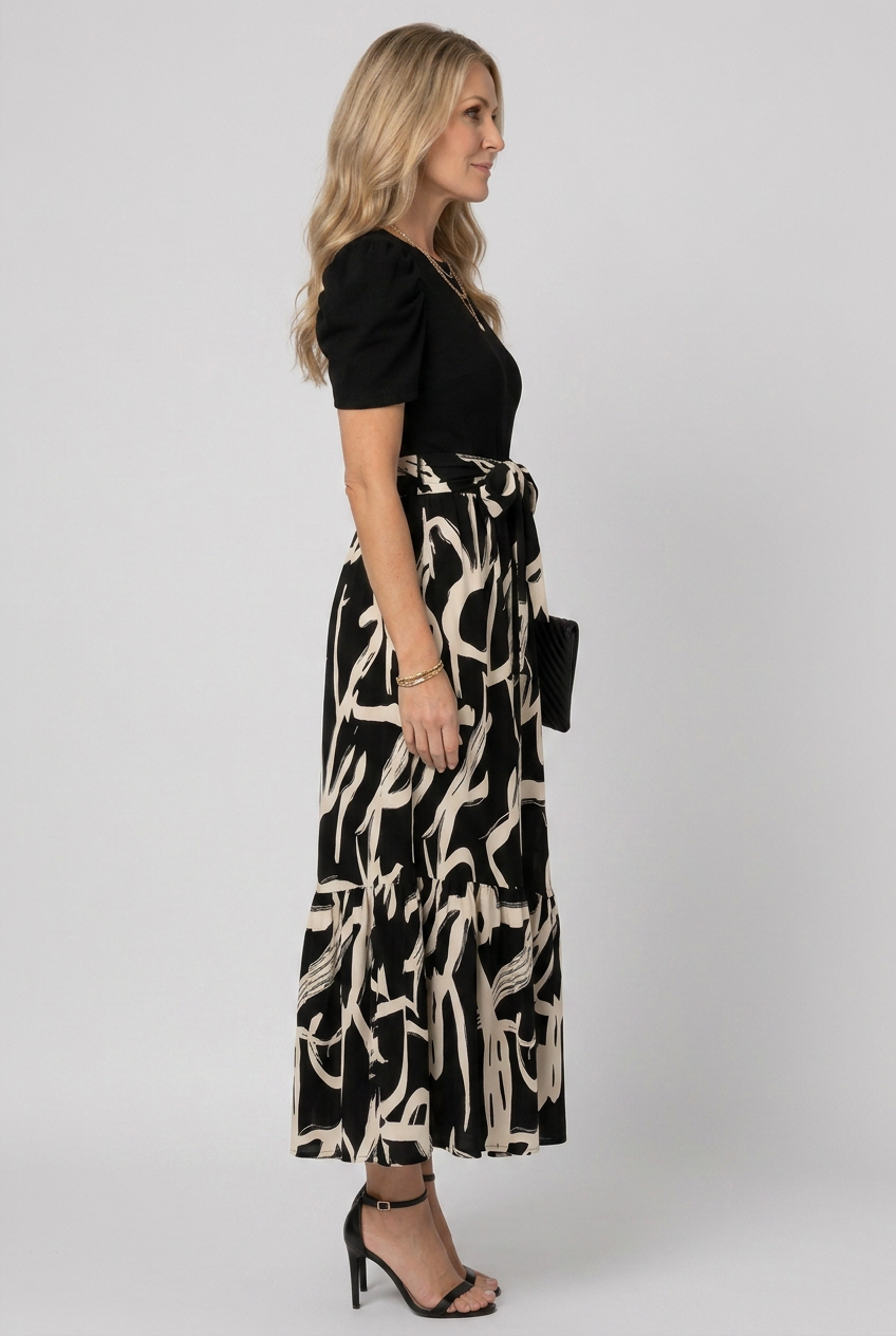 Nancy | Classic Puff Sleeve Abstract Print Maxi Christmas Dress