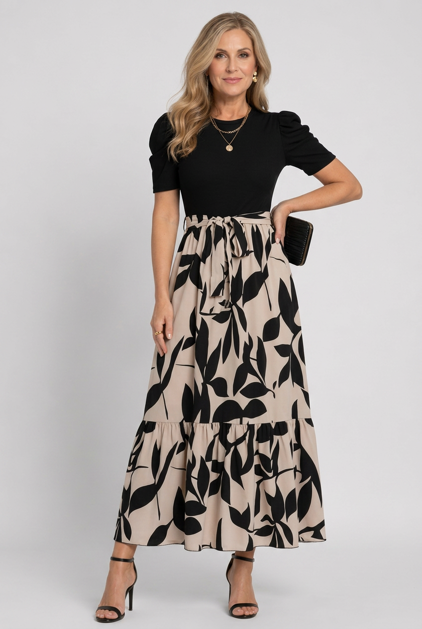 Nancy | Classic Puff Sleeve Abstract Print Maxi Christmas Dress