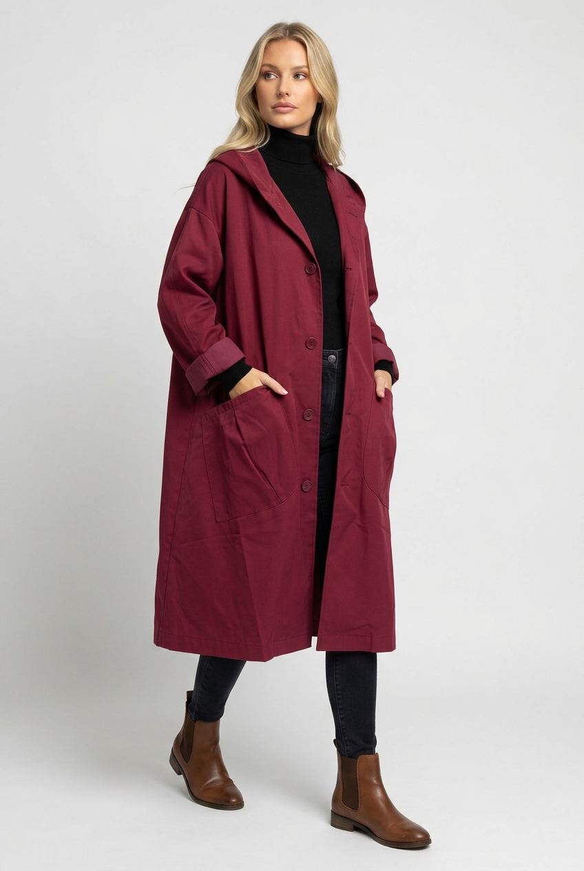 Nancy | Elegant Hooded Waterproof Jacket Longline Trench Coat