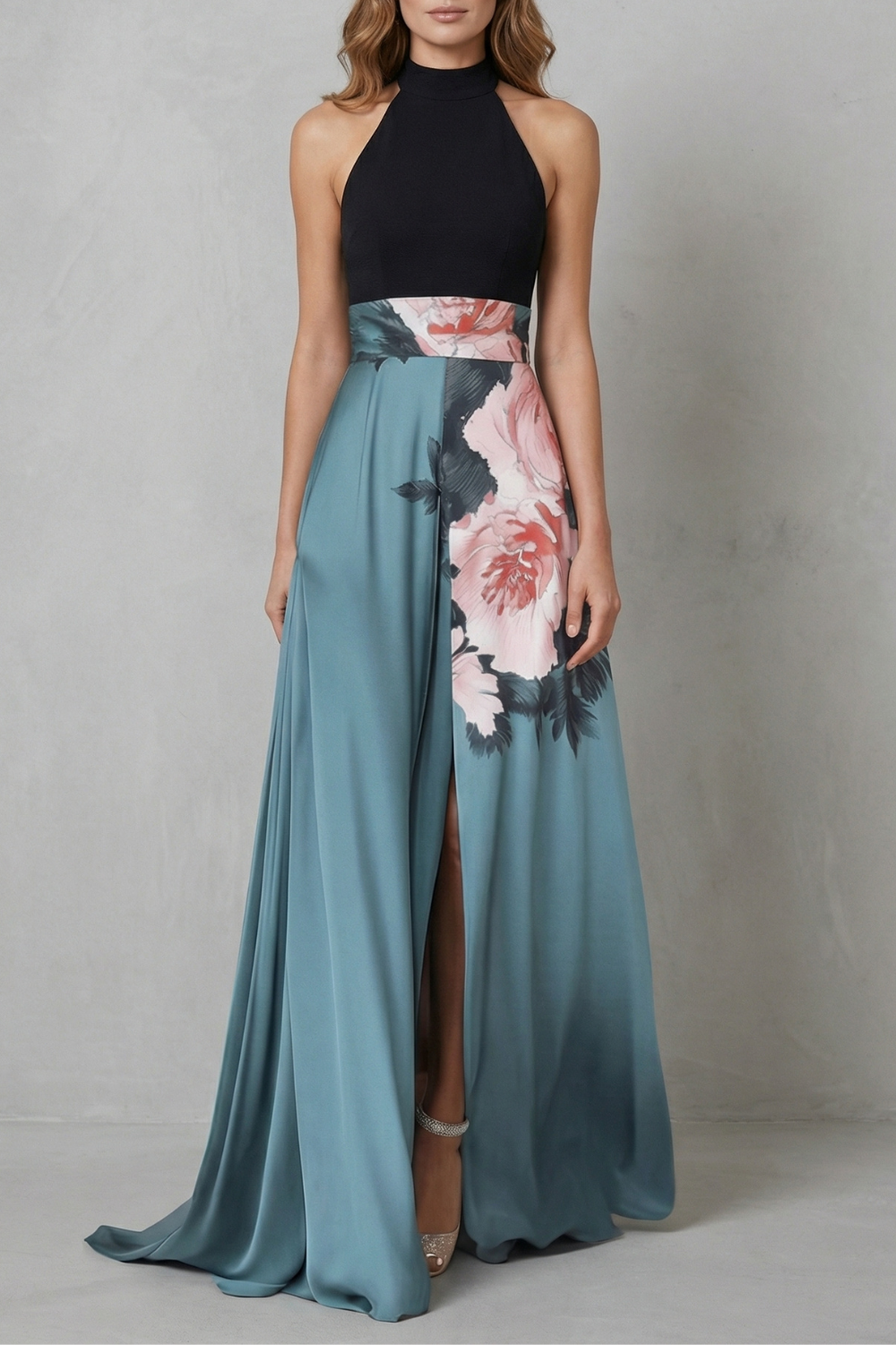 Nancy | Polished Floral Halter Maxi Christmas Dress