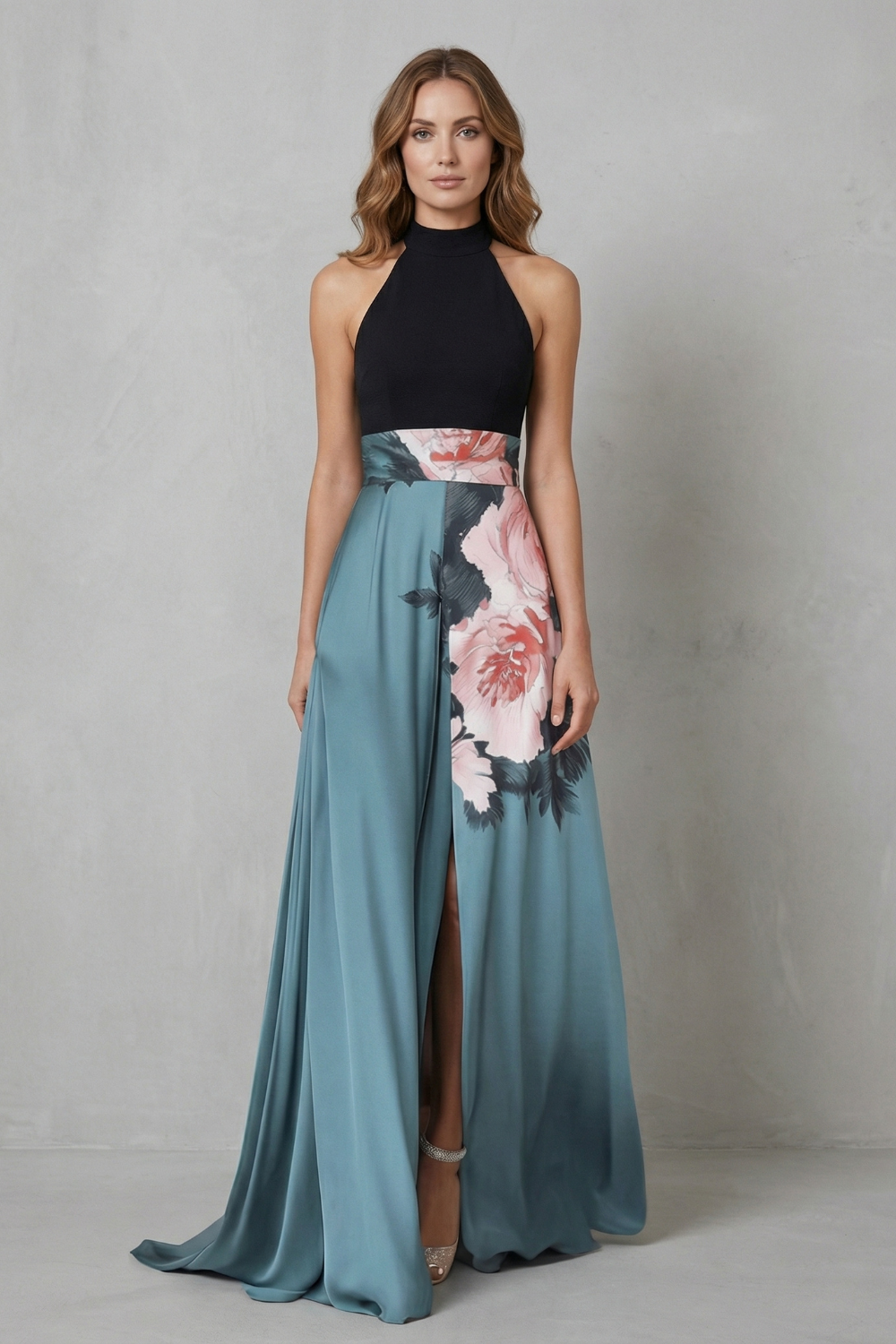 Nancy | Polished Floral Halter Maxi Christmas Dress