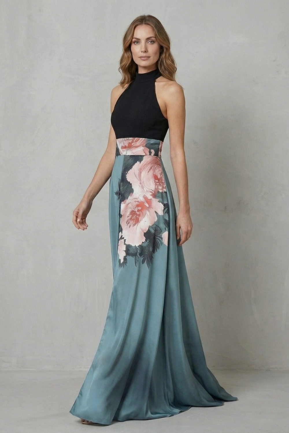 Nancy | Polished Floral Halter Maxi Christmas Dress