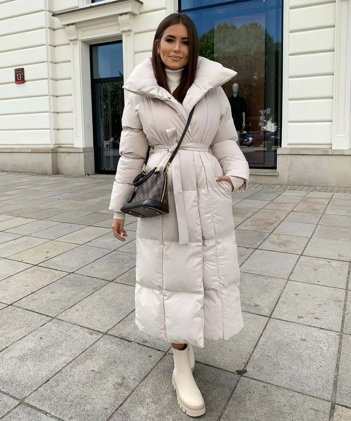 Olive | Elegant Belted Long Puffer Coat
