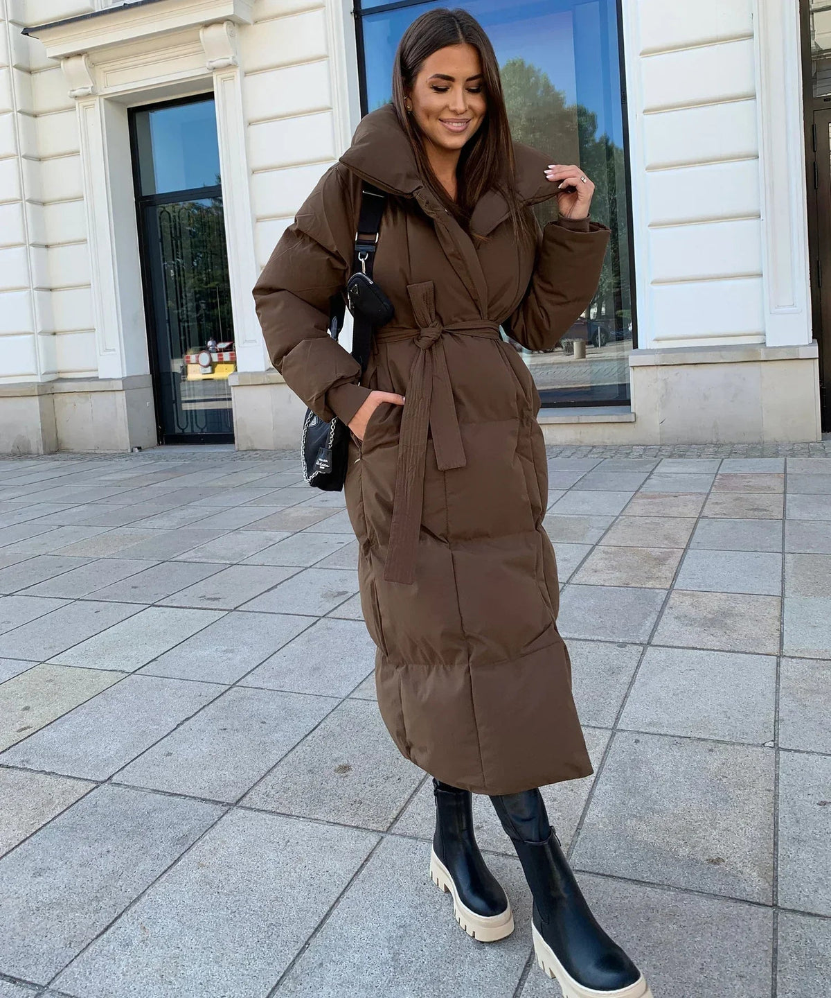 Olive | Elegant Belted Long Puffer Coat