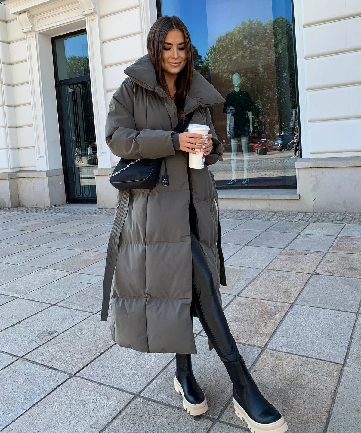 Olive | Elegant Belted Long Puffer Coat