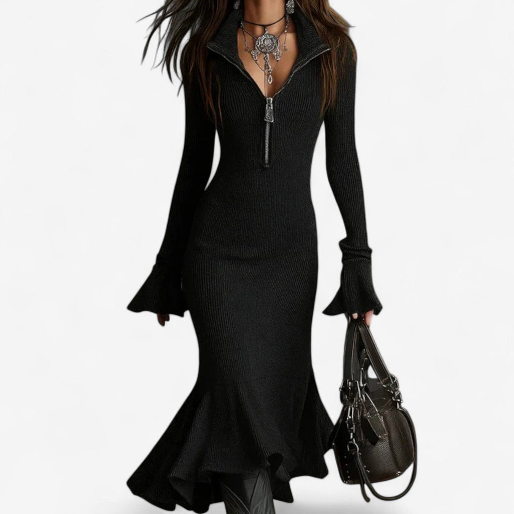 Olive | Refined Zip Collar Christmas Dress with Fluted Midi Skirt