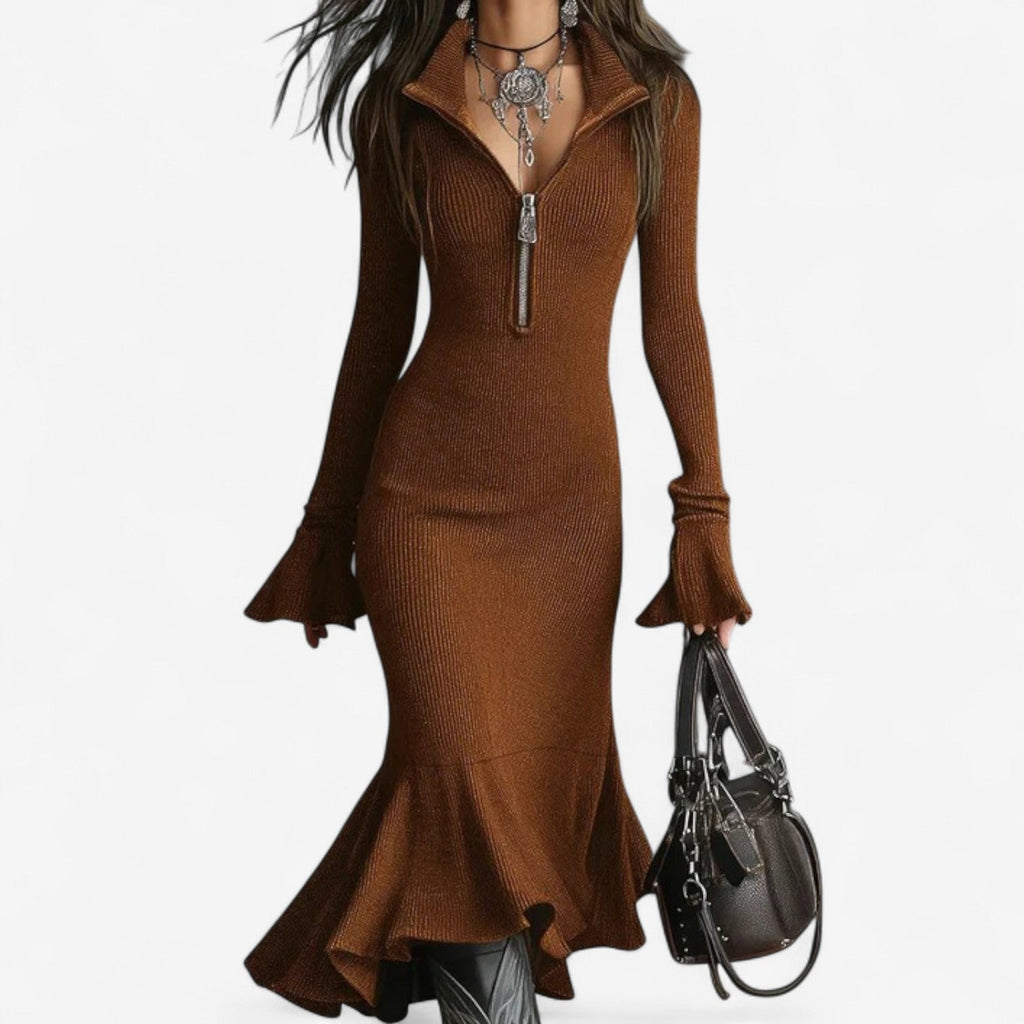 Olive | Refined Zip Collar Christmas Dress with Fluted Midi Skirt