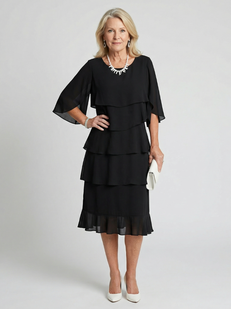 Olive | Relaxed Tiered Midi Christmas Dress with Flutter Sleeves