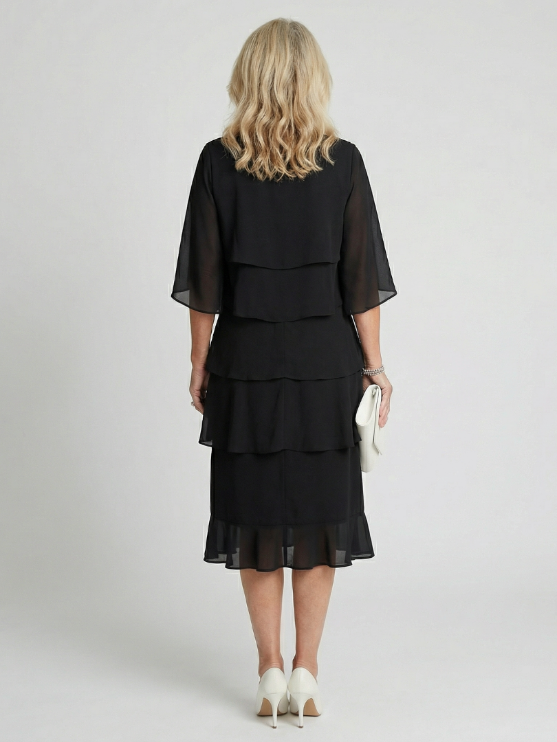 Olive | Relaxed Tiered Midi Christmas Dress with Flutter Sleeves