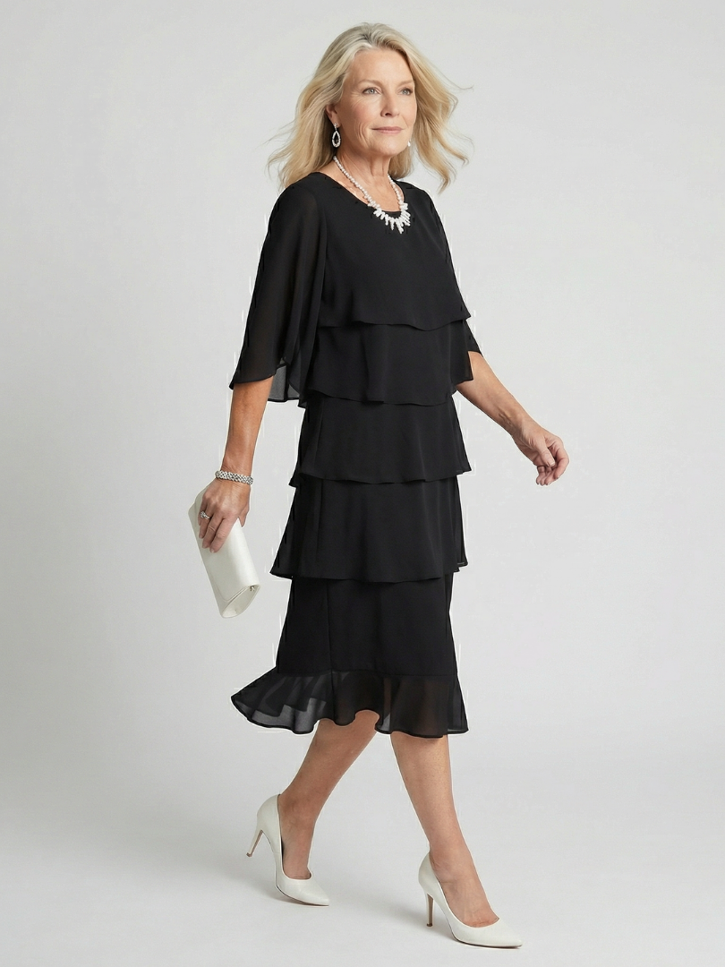 Olive | Relaxed Tiered Midi Christmas Dress with Flutter Sleeves