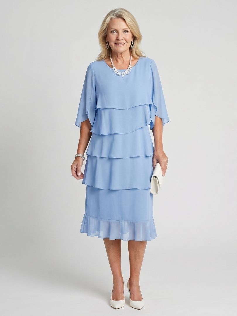 Olive | Relaxed Tiered Midi Christmas Dress with Flutter Sleeves