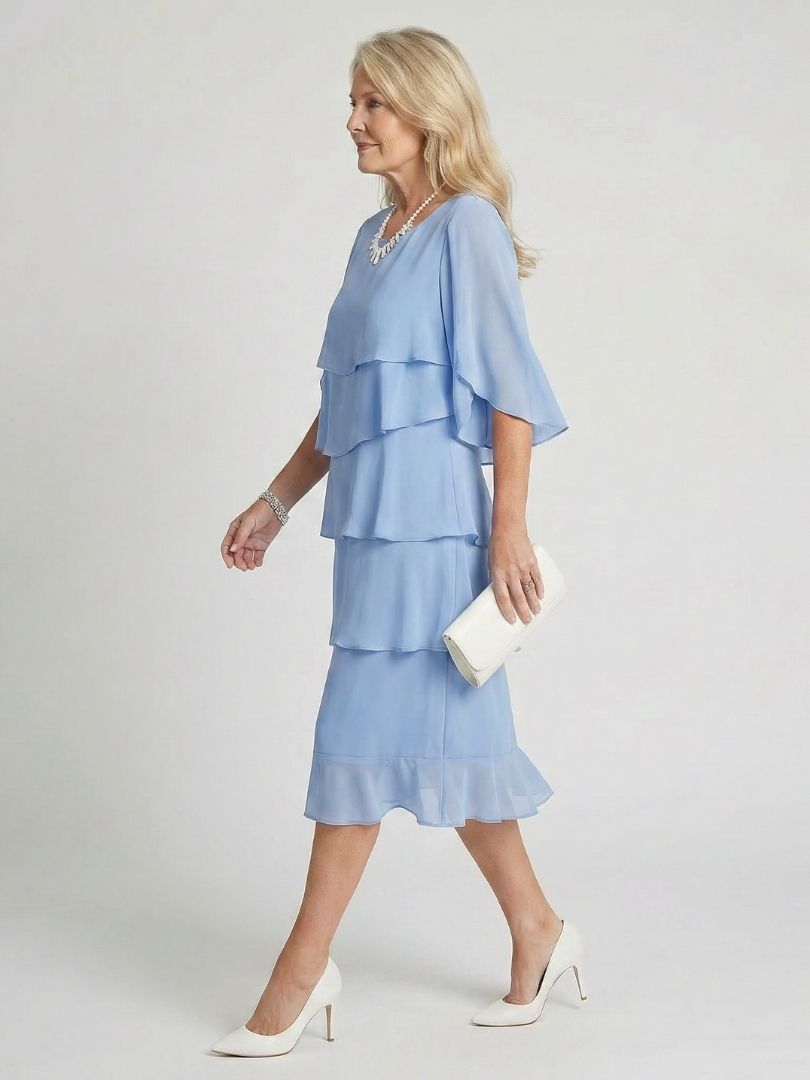 Olive | Relaxed Tiered Midi Christmas Dress with Flutter Sleeves