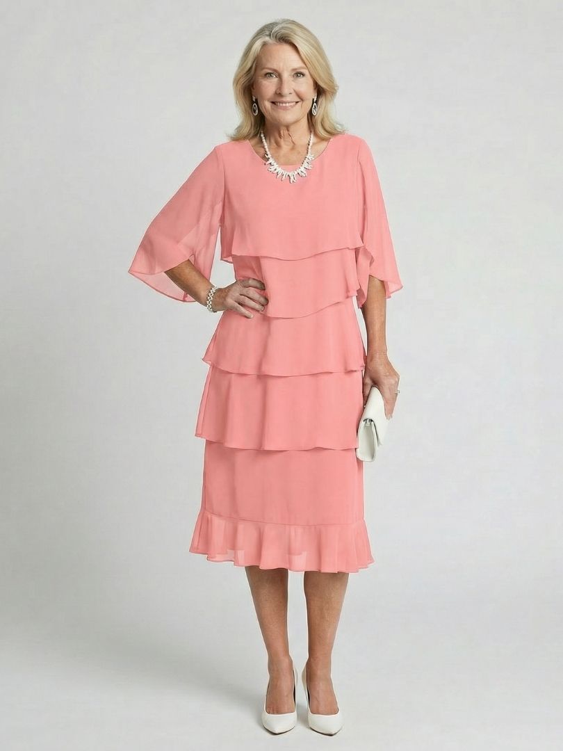 Olive | Relaxed Tiered Midi Christmas Dress with Flutter Sleeves