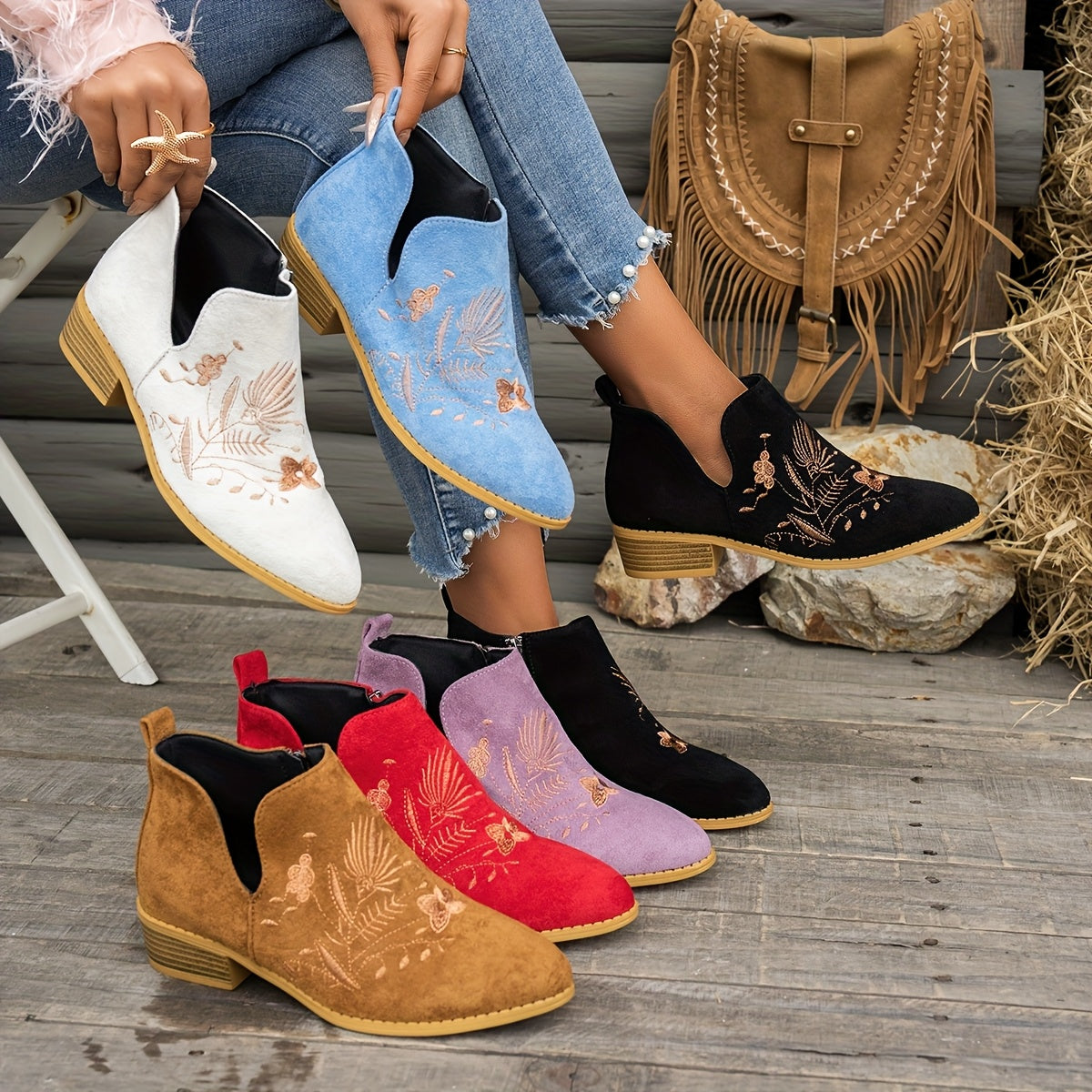 Olivia | Elegant Embroidered Pointed Toe Ankle Boots