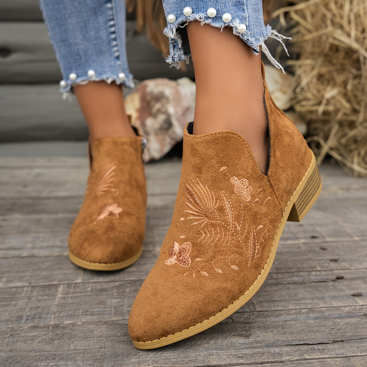Olivia | Elegant Embroidered Pointed Toe Ankle Boots
