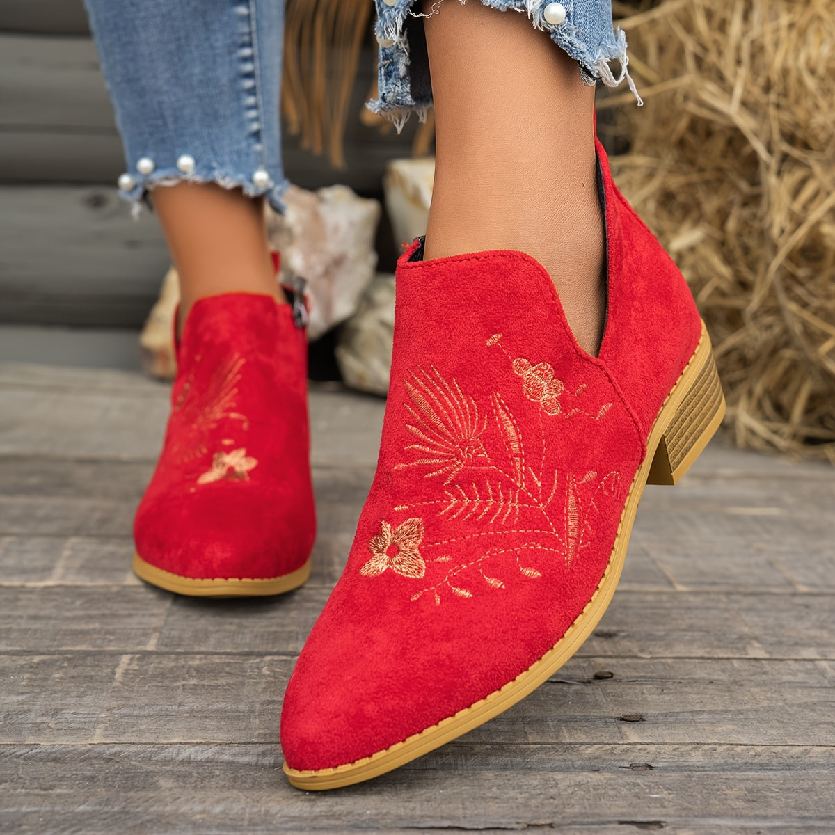 Olivia | Elegant Embroidered Pointed Toe Ankle Boots