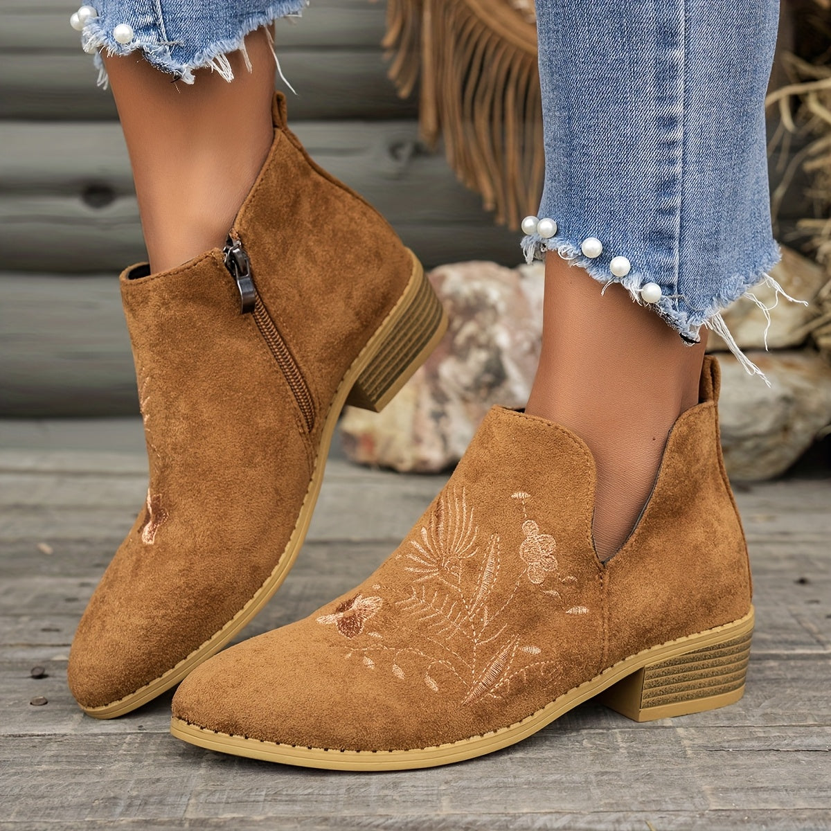 Olivia | Elegant Embroidered Pointed Toe Ankle Boots