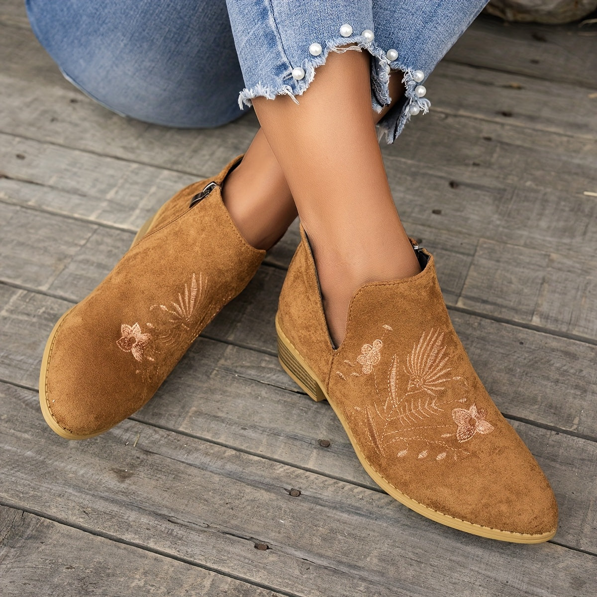 Olivia | Elegant Embroidered Pointed Toe Ankle Boots