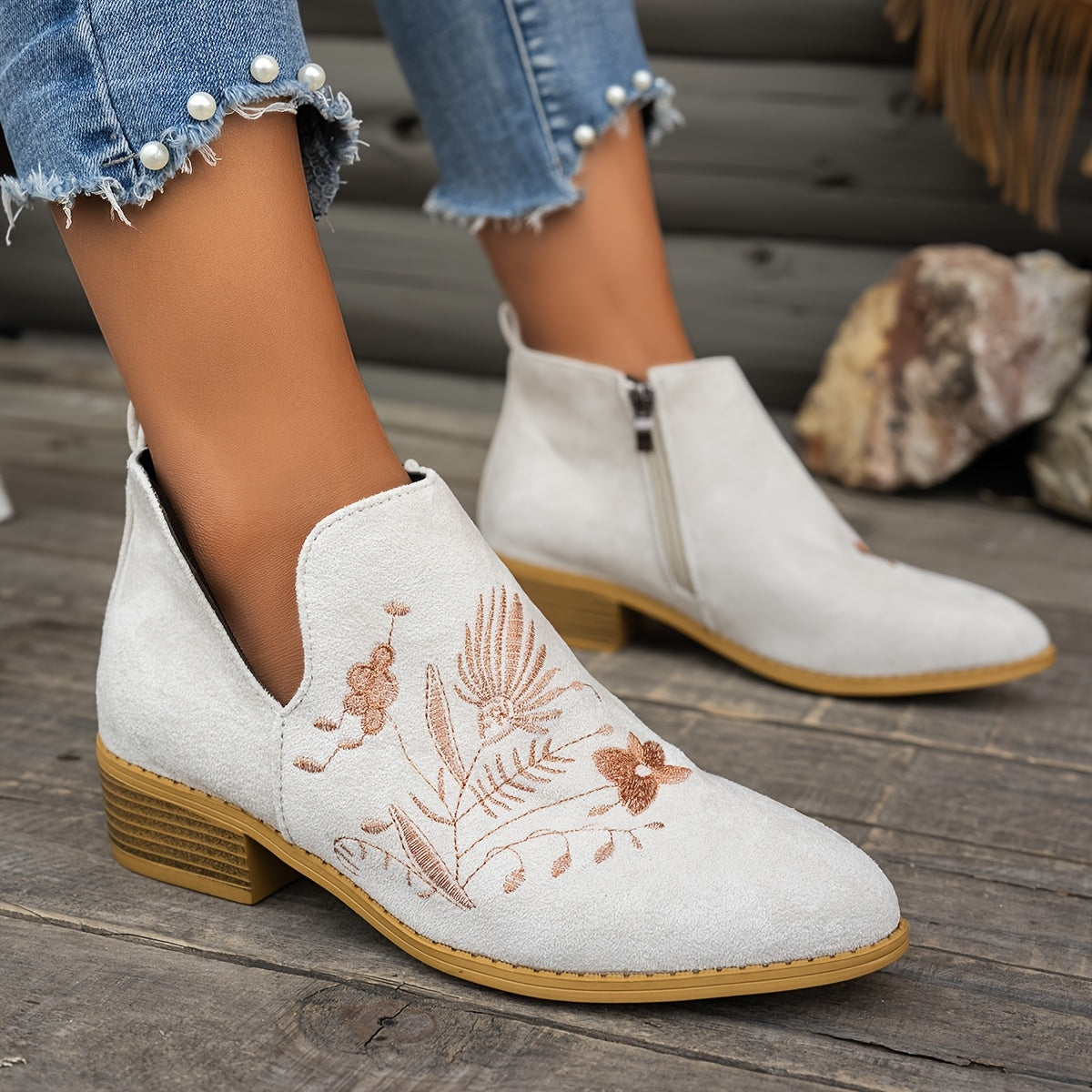 Olivia | Elegant Embroidered Pointed Toe Ankle Boots