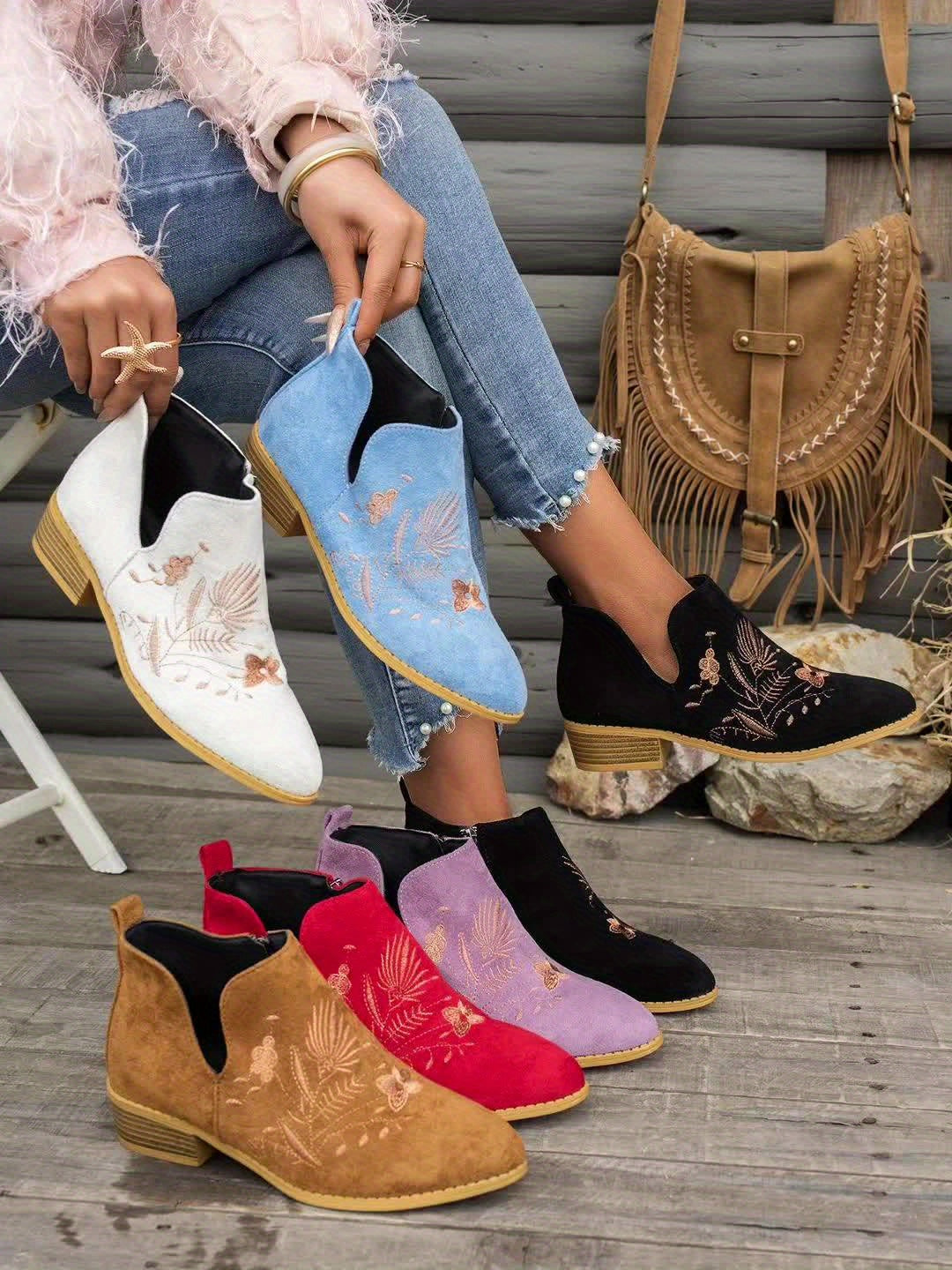 Olivia | Elegant Embroidered Pointed Toe Ankle Boots