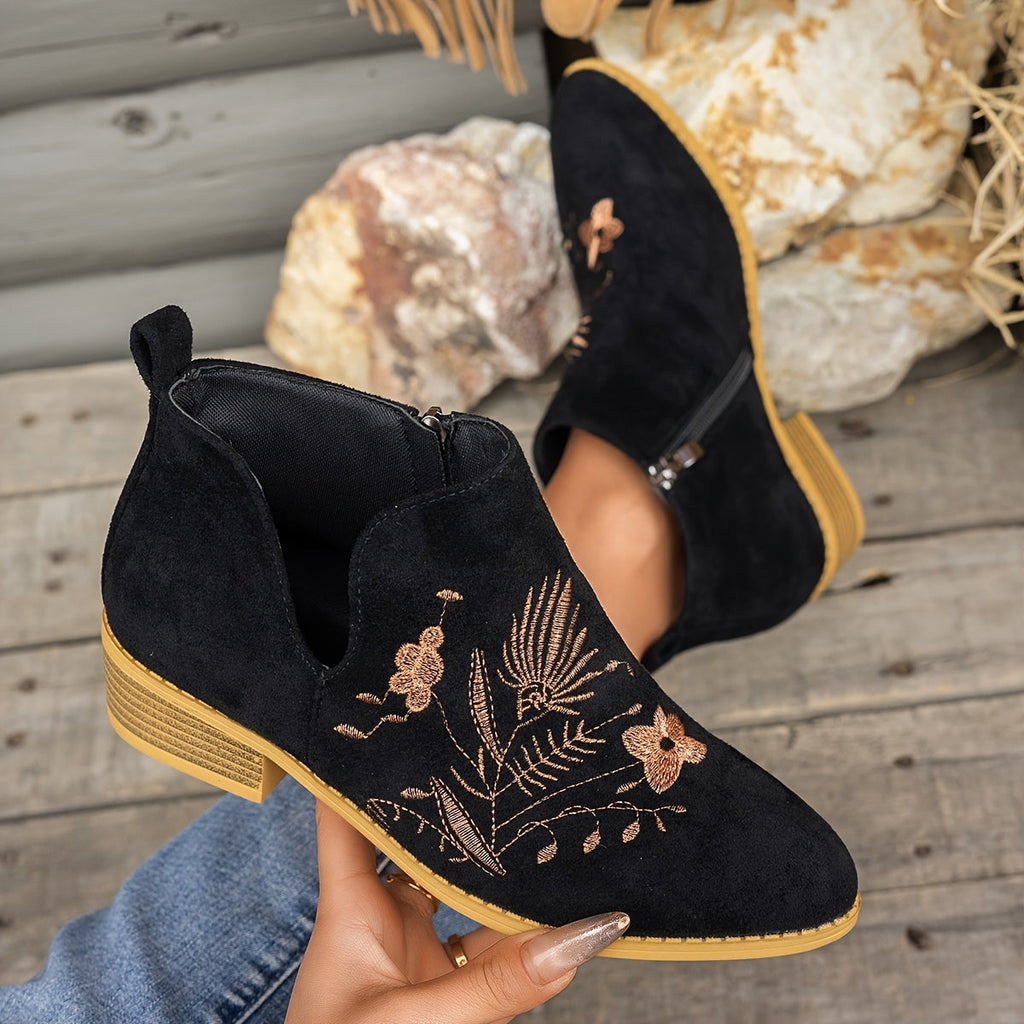 Olivia | Elegant Embroidered Pointed Toe Ankle Boots
