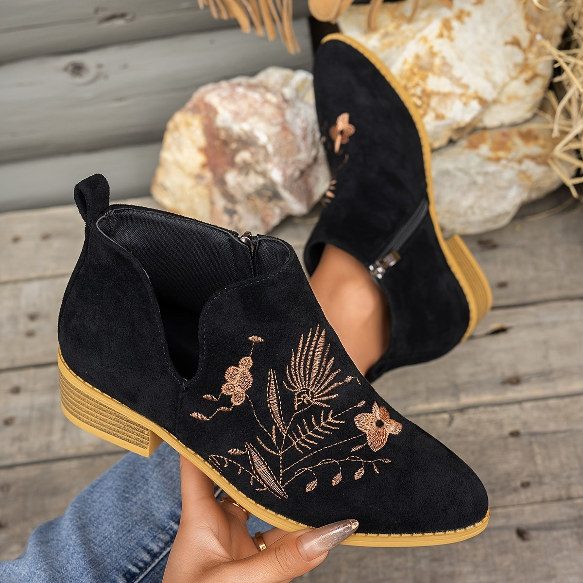 Olivia | Elegant Embroidered Pointed Toe Ankle Boots