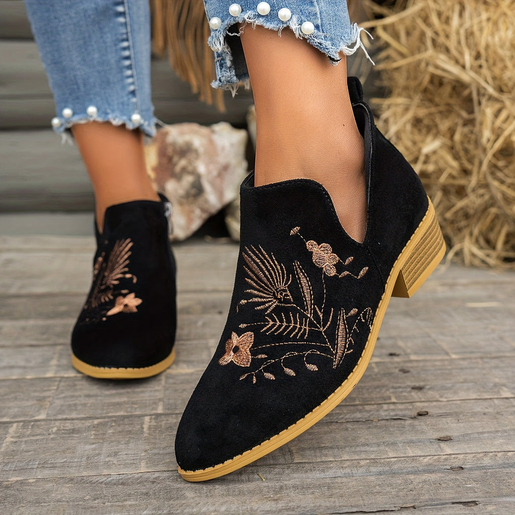 Olivia | Elegant Embroidered Pointed Toe Ankle Boots