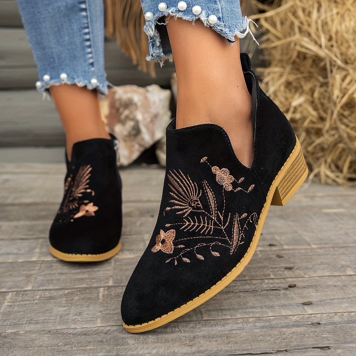 Olivia | Elegant Embroidered Pointed Toe Ankle Boots