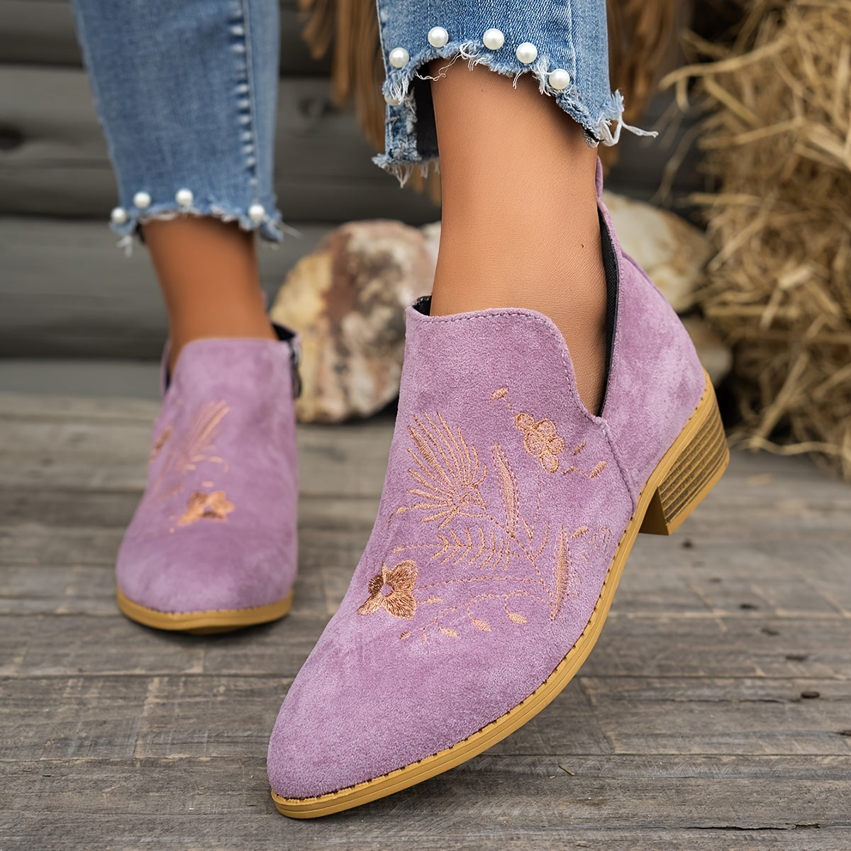 Olivia | Elegant Embroidered Pointed Toe Ankle Boots
