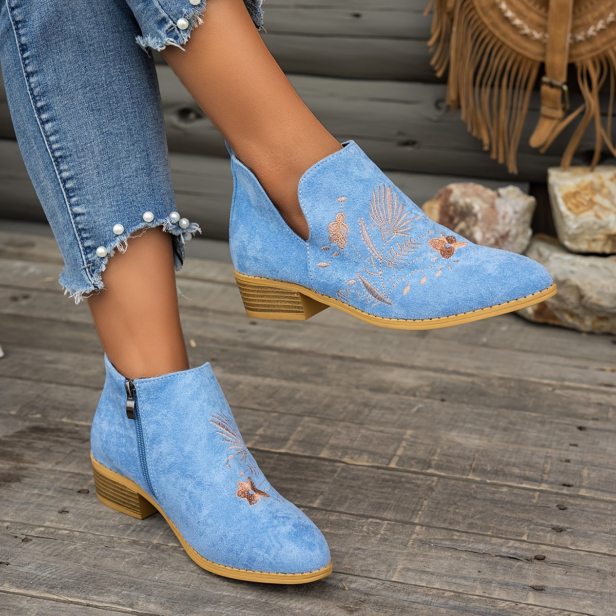 Olivia | Elegant Embroidered Pointed Toe Ankle Boots