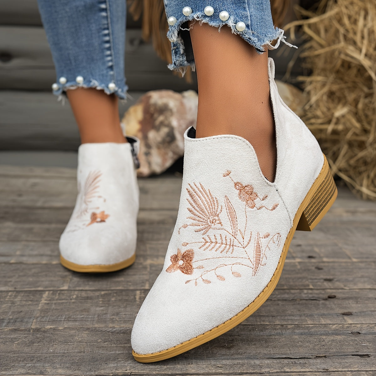Olivia | Elegant Embroidered Pointed Toe Ankle Boots