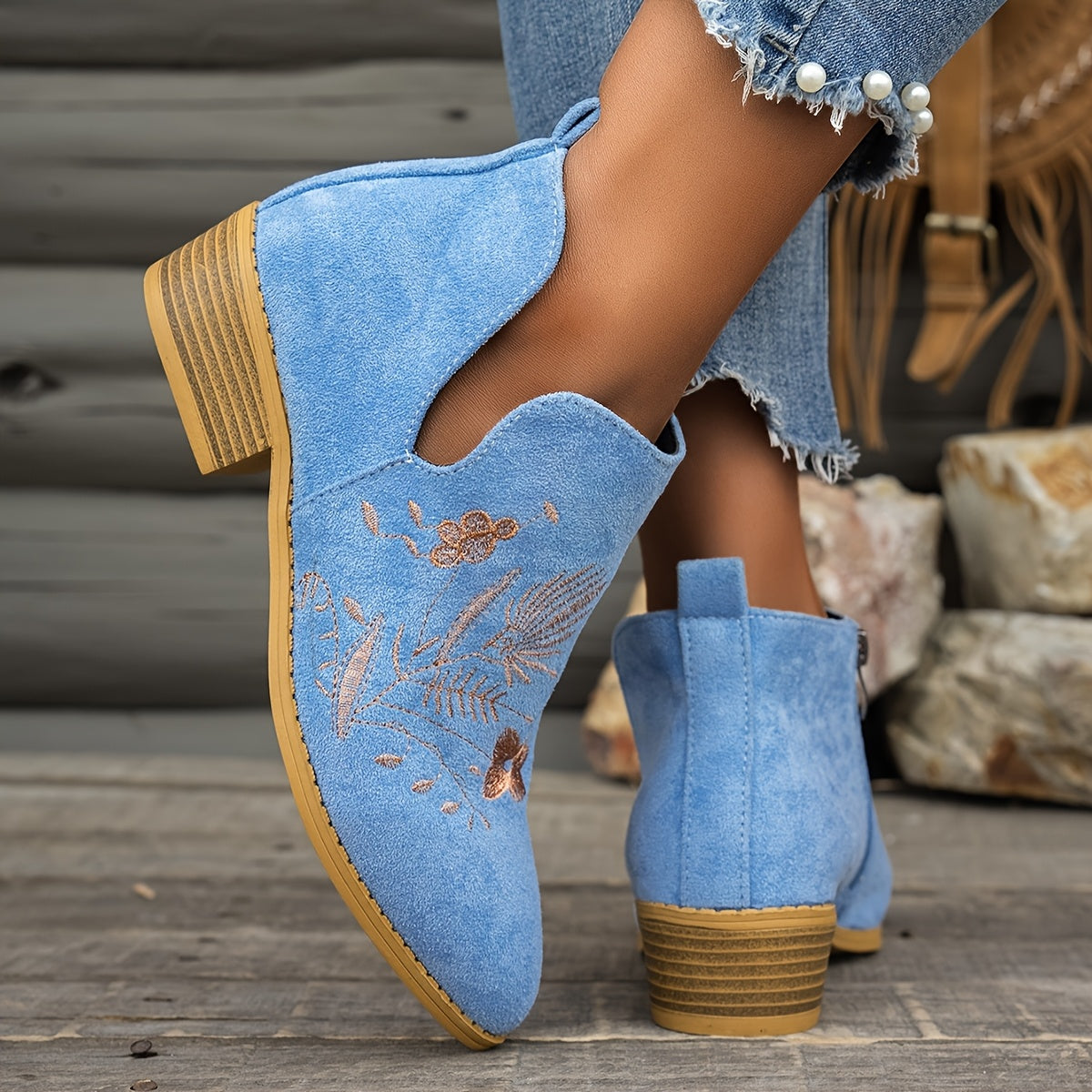 Olivia | Elegant Embroidered Pointed Toe Ankle Boots