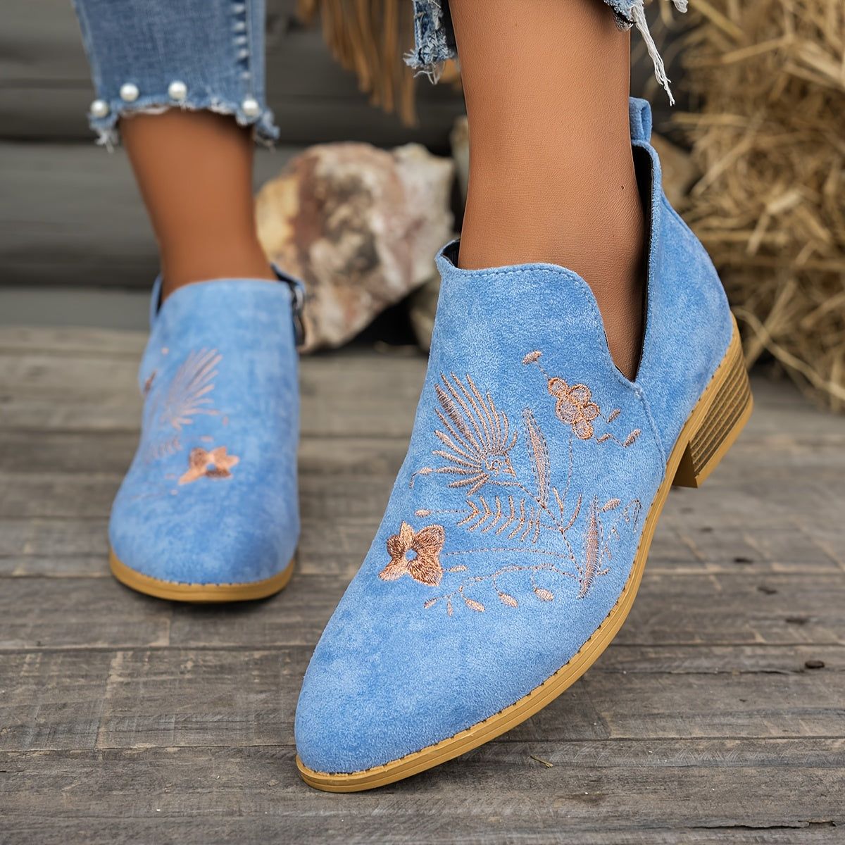Olivia | Elegant Embroidered Pointed Toe Ankle Boots