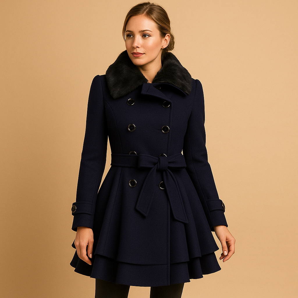 Olivia | Elegant Faux Fur Collar Belted Skater Coat